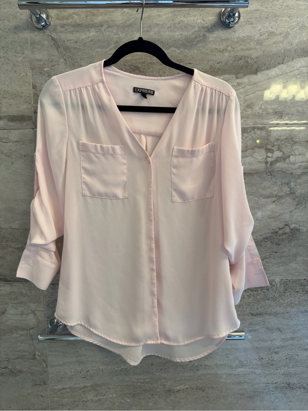 Express Light Pink V-Neck Pocket Blouse